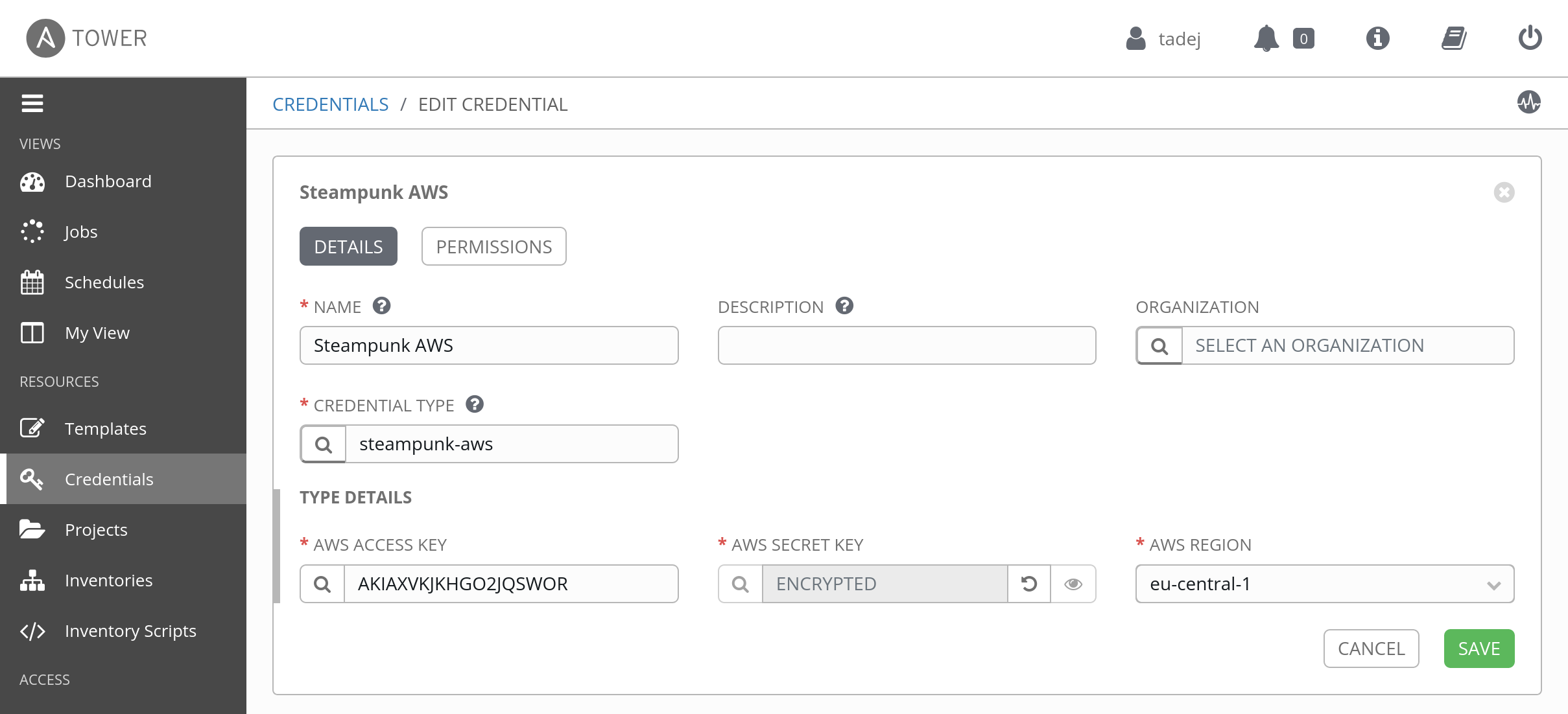 Adding AWS credentials to Ansible Tower.