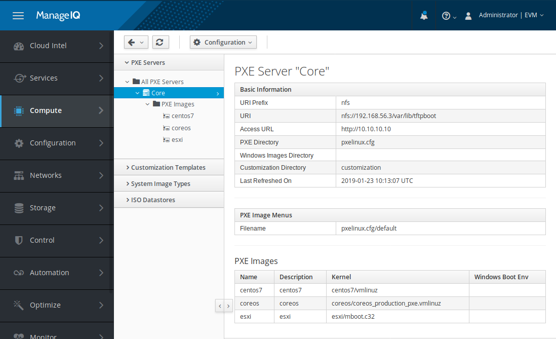 Sample PXE server operating system list.