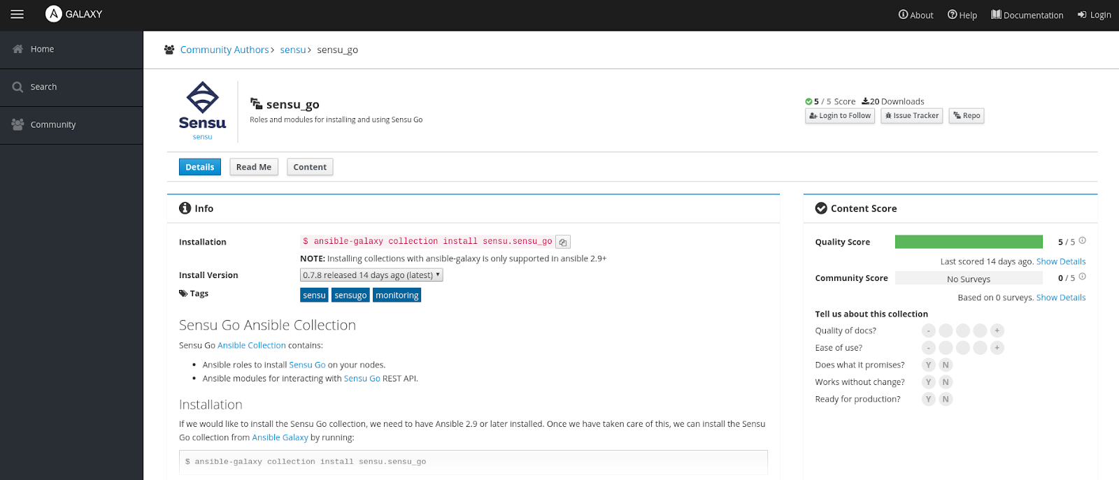 Sensu Go Ansible collection's Galaxy page