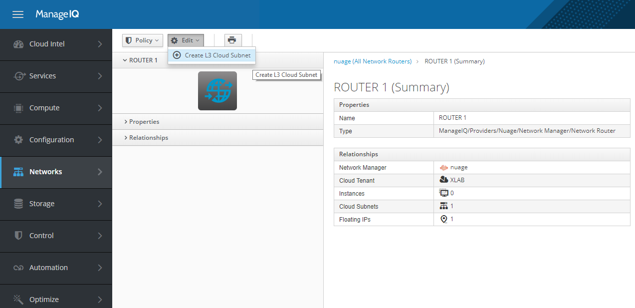 Provider-defined center-menu button 'Create L3 Cloud Subnet'